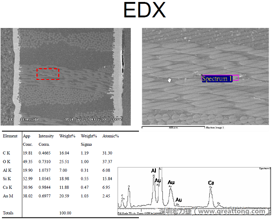 ACF(Conductive Anodic Filament，導墊性細絲物，陽極性玻璃纖維絲漏電現象)。用EDX打出來Au(金)的元素介于通孔與盲孔之間第一個位置。
