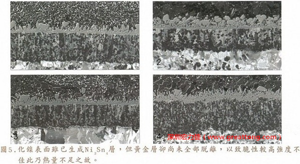 下面四圖顯示，當(dāng)焊接的熱量不足或未持續(xù)時，雖然Ni3Sn4的薄薄IMC層已經(jīng)生成而焊牢，但也會因為AuSn及AuSn2還未來得及逸走，而停留在共金介面附近，當(dāng)有外力拉扯的時候，就很容易斷裂開來。這就是為何ENIG的焊點強(qiáng)度，始終不如銅面焊點(Cu6Sn5)來得更為牢固的主因之一。