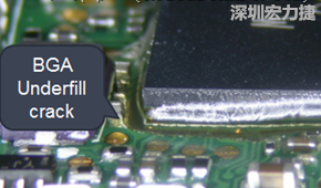 下面兩張照片就顯示既使添加了底部填充膠underfill，經過摔落后還是發生BGA錫球破裂的問題，因為連Underfill膠都裂開了。