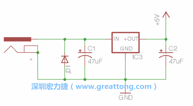 新增RBBB→Power_Jack，將它放在電壓調整器的輸入端旁邊。