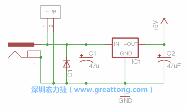 2.5.    新增一個二極體，它會以水平的狀態出現在屏幕上，請使用「旋轉（Rotate）」工具把它負極那一面朝上，并且用「網絡連接」工具將它連接在電壓調整器的輸入端和接地端之間。