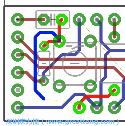 要在電路板正面進行+5V信號線連結和其他連結點的布線工作是非常容易的，而重置信號線（信號線用來連結電路板正面左邊的重置開關）需要經(jīng)過一個可以通過電路板正反兩面的電路通道，這個通道是一個可以讓電路板正反兩面線路連接的一個小孔。