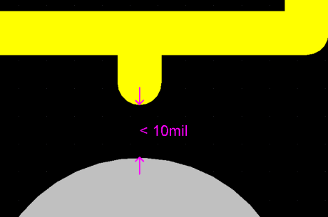 顯示每項違例的細節，本例的絲印與焊盤的間隔少于10mil.