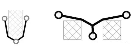 圖12：樹和(灰色顯示的)障礙物。(a)最小生成樹，(b)Steiner樹。