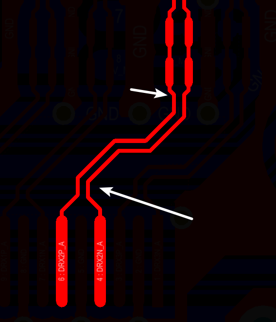 相應(yīng)的要對差分對不匹配的情況作出補(bǔ)償，使其線長匹配，長度差通常控制在5mil以內(nèi)